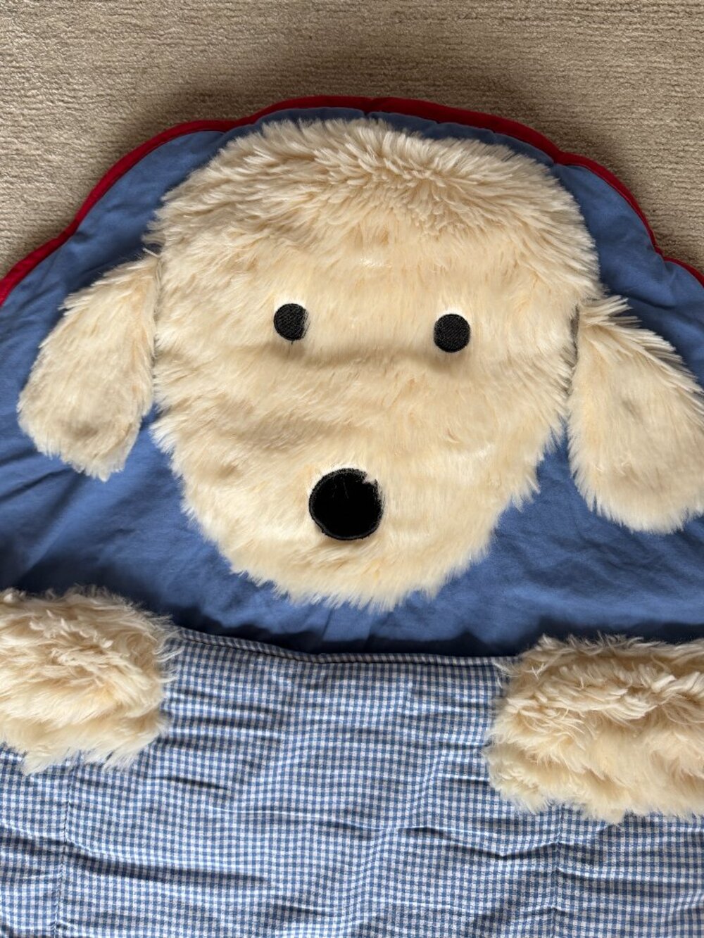 PBKids - Shaggy Dog Kids Sleeping Bag - Blue/White Gingham w Red Trim